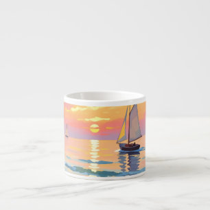 Een zeilschip bij zonsondergang op het zee espresso kop