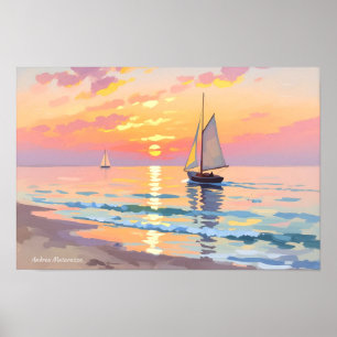 Een zeilschip bij zonsondergang op het zee poster