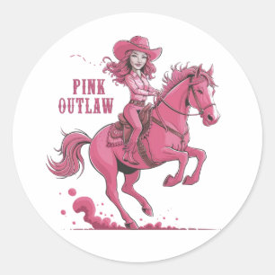 Een zelfverzekerde cowgirl die op een bezield paar ronde sticker