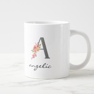 Een zilver monogram bloemmotief rood paars groen grote koffiekop