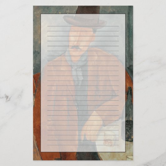 Een zittend man dat op een tafel leunt briefpapier (Voorkant)