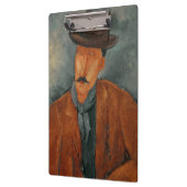 Een zittend man dat op een tafel leunt klembord (Links)