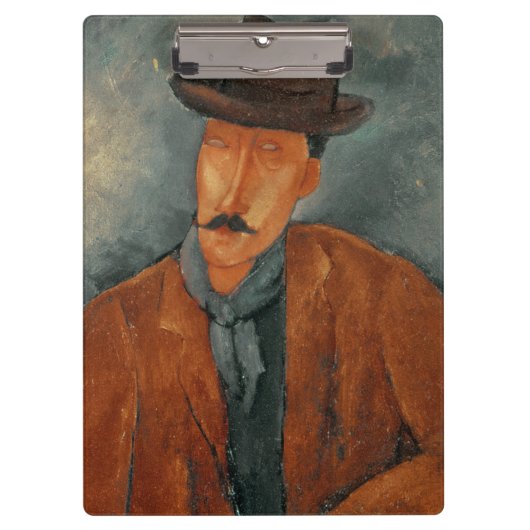 Een zittend man dat op een tafel leunt klembord (Voorkant)