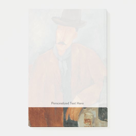 Een zittend man dat op een tafel leunt post-it® notes (Voorkant)
