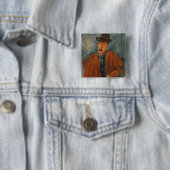 Een zittend man dat op een tafel leunt vierkante button 5,1 cm (In situ)