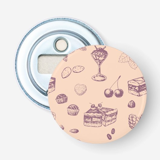 Een zoet patroon met verschillende desserts. button flesopener (Voorkant)