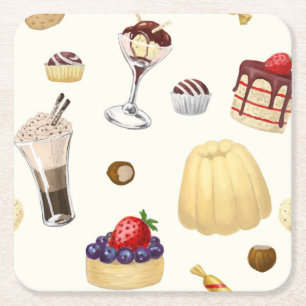Een zoet patroon met verschillende desserts. kartonnen onderzetters