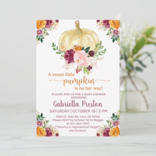 Een zoet pompoentje baby shower nodigt uit, wit. kaart (Staand voorkant)