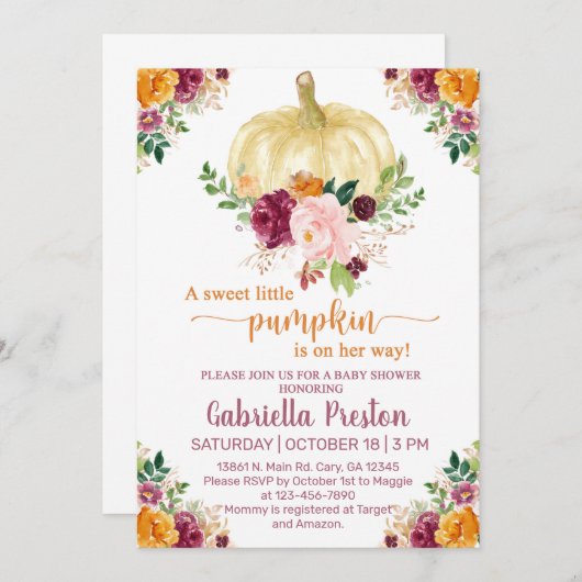 Een zoet pompoentje baby shower nodigt uit, wit. kaart (Voorkant / Achterkant)