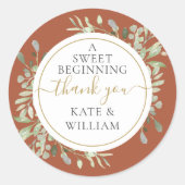 Een zoete beginnende terracotta groen bruiloft ronde sticker (Voorkant)