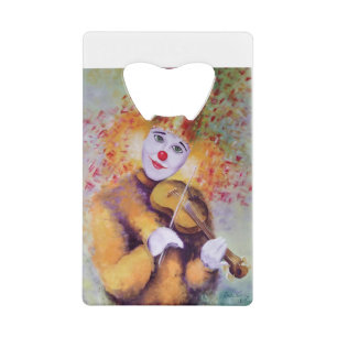 Een zoete clown die de viool speelt creditkaart flessenopener
