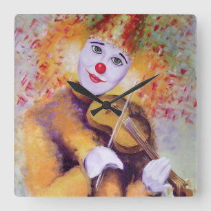 Een zoete clown die de viool speelt vierkante klok