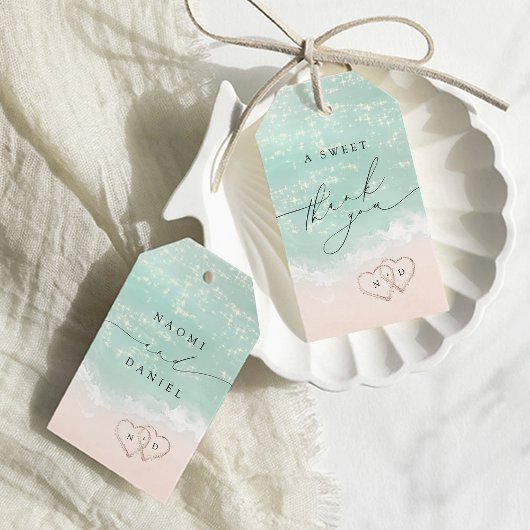 Een zoete dank u Modern Script Sand Hearts Beach Cadeaulabel