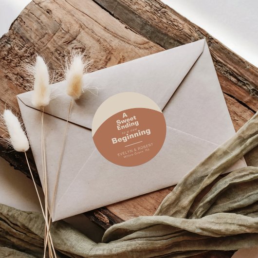 Een zoete die eindigt op een nieuw beginhuwelijk ronde sticker