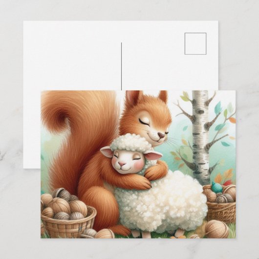 Een zoete eekhoorn knuffelt een schaap briefkaart (Voorkant / Achterkant)