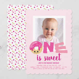 Eén zoete foto roze donut baby eerste verjaardag kaart