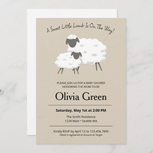 Een zoete kleine Lamb Baby shower uitnodiging (Voorkant / Achterkant)