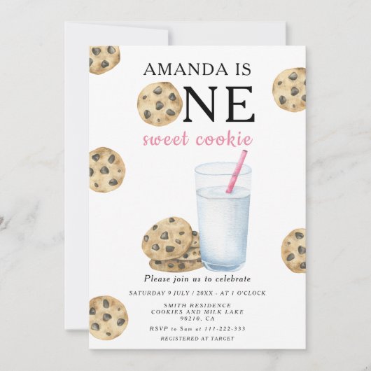Een zoete koekje en melk meisje eerste verjaardag kaart (Voorkant)