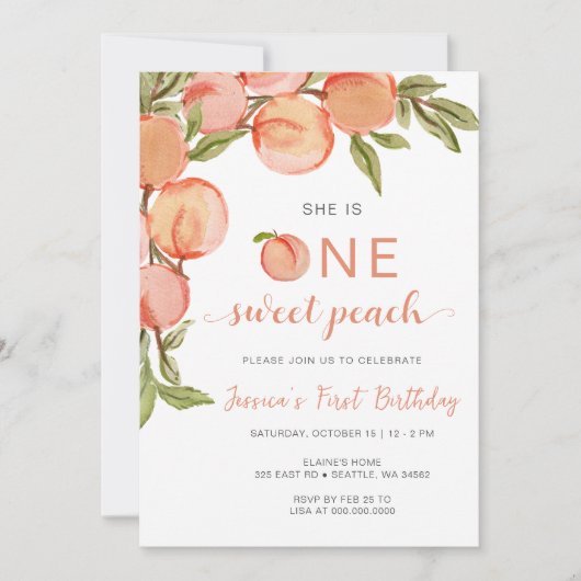 Eén zoete peach eerste verjaardag kaart (Voorkant)