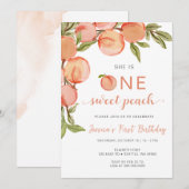 Eén zoete peach eerste verjaardag kaart (Voorkant / Achterkant)