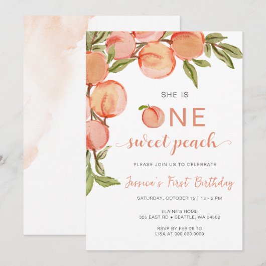 Eén zoete peach eerste verjaardag kaart (Voorkant / Achterkant)