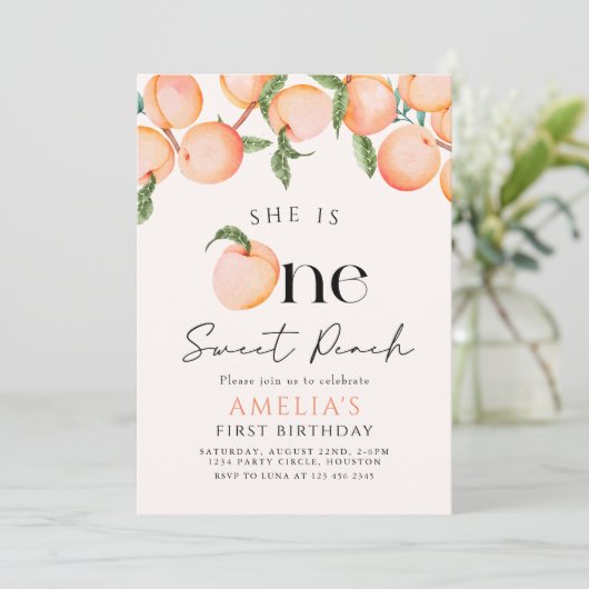 Eén zoete peach eerste verjaardag kaart (Staand voorkant)