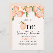 Eén zoete peach eerste verjaardag kaart (Voorkant / Achterkant)
