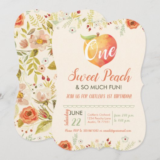 Eén zoete peach eerste verjaardag kaart (Voorkant / Achterkant)