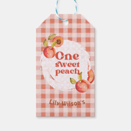 Eén Zoete Perzik 1e Verjaardag Landelijke Gingham Cadeaulabel