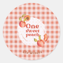 Eén Zoete Perzik 1e Verjaardag Landelijke Gingham Ronde Sticker
