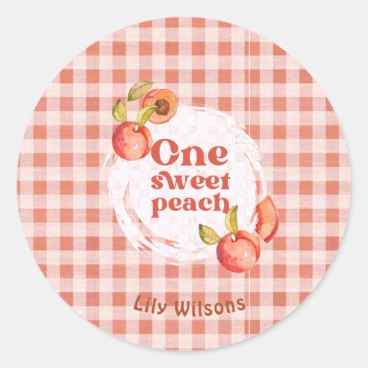 Een zoete perzik 1e verjaardag rustieke gingham ronde sticker (Voorkant)