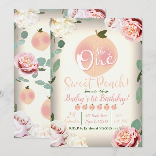 EEN ZOETE PERZIK Bloemen 1e Verjaardagsfeest Kaart (Voorkant / Achterkant)