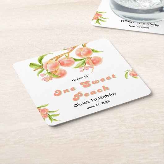 Een zoete perzik fruit 1e verjaardag kartonnen onderzetters (Schuin)