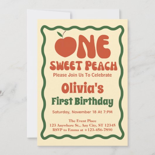 Eén Zoete Perzik- Golvende Retro Perzik 1e Verjaar Kaart (Voorkant)