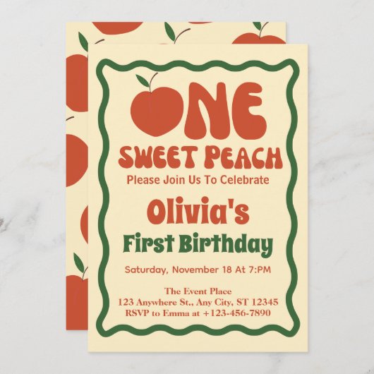 Eén Zoete Perzik- Golvende Retro Perzik 1e Verjaar Kaart (Voorkant / Achterkant)