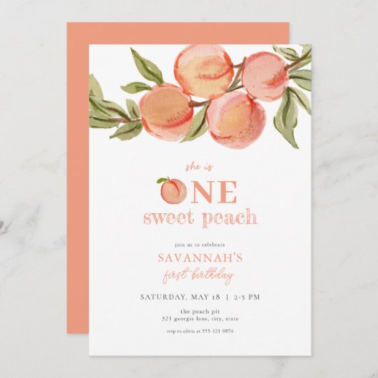 Een zoete perzik uitnodiging Peach eerste verjaard (Voorkant / Achterkant)