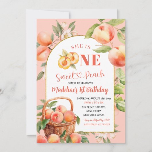 Een zoete perzik zomerfruit eerste verjaardag kaart (Voorkant)