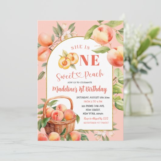 Een zoete perzik zomerfruit eerste verjaardag kaart (Staand voorkant)