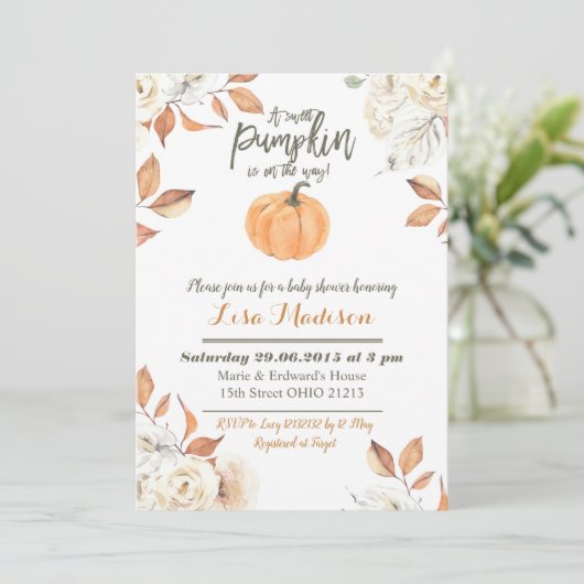 Een zoete pompoen is onderweg naar de uitnodiging  (Staand voorkant)