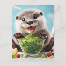 Een zoete schattige gelukkige otter die een salade briefkaart