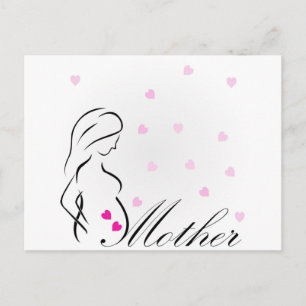 Een zwangere moeder-to-be met miniatuur roze harte briefkaart