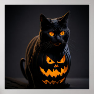 Een zwart en oranje gestreepte Halloween kat Poster