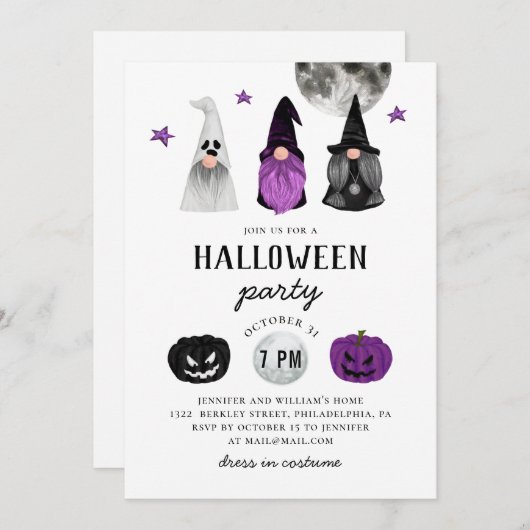 Een zwart en paarse Halloween feest. Gnomen en pom Kaart (Voorkant / Achterkant)