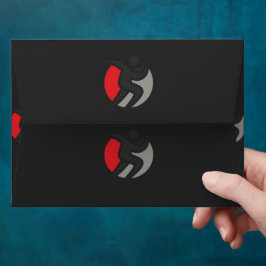 een zwart en rood logo met een persoon in het midd envelop