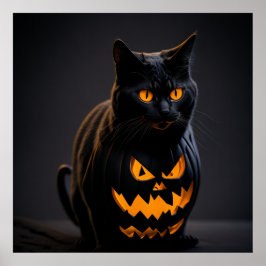 Een zwart en sinaasappel gestreepte Halloween kat Poster