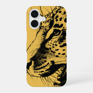 Een zwart-gele met de hand getekende luipaardillus iPhone 16 hoesje