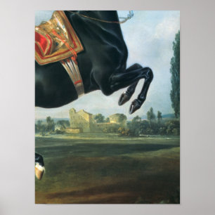 Een zwart paard dat de Courbette uitvoert Poster