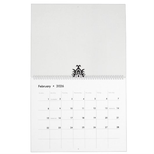 Een zwart-wit afbeelding van een  ontwerp kalender (Feb 2026)