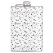 Een zwart-wit foto van bubbels op een witte rug heupfles (Voorkant)