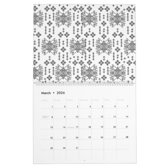 Een zwart-wit patroon met een witte achtergrond kalender (Mar 2026)